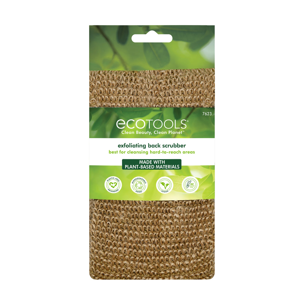 Exfoliating back scrubber pouch-style with two white loop handles