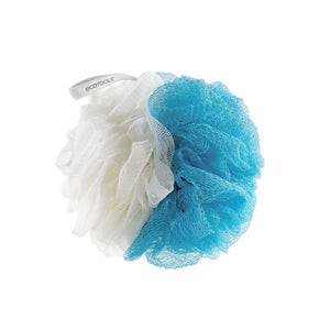 2-in-1 eco pouf scrub sponges: blue and cream mesh poufs, two wash pads