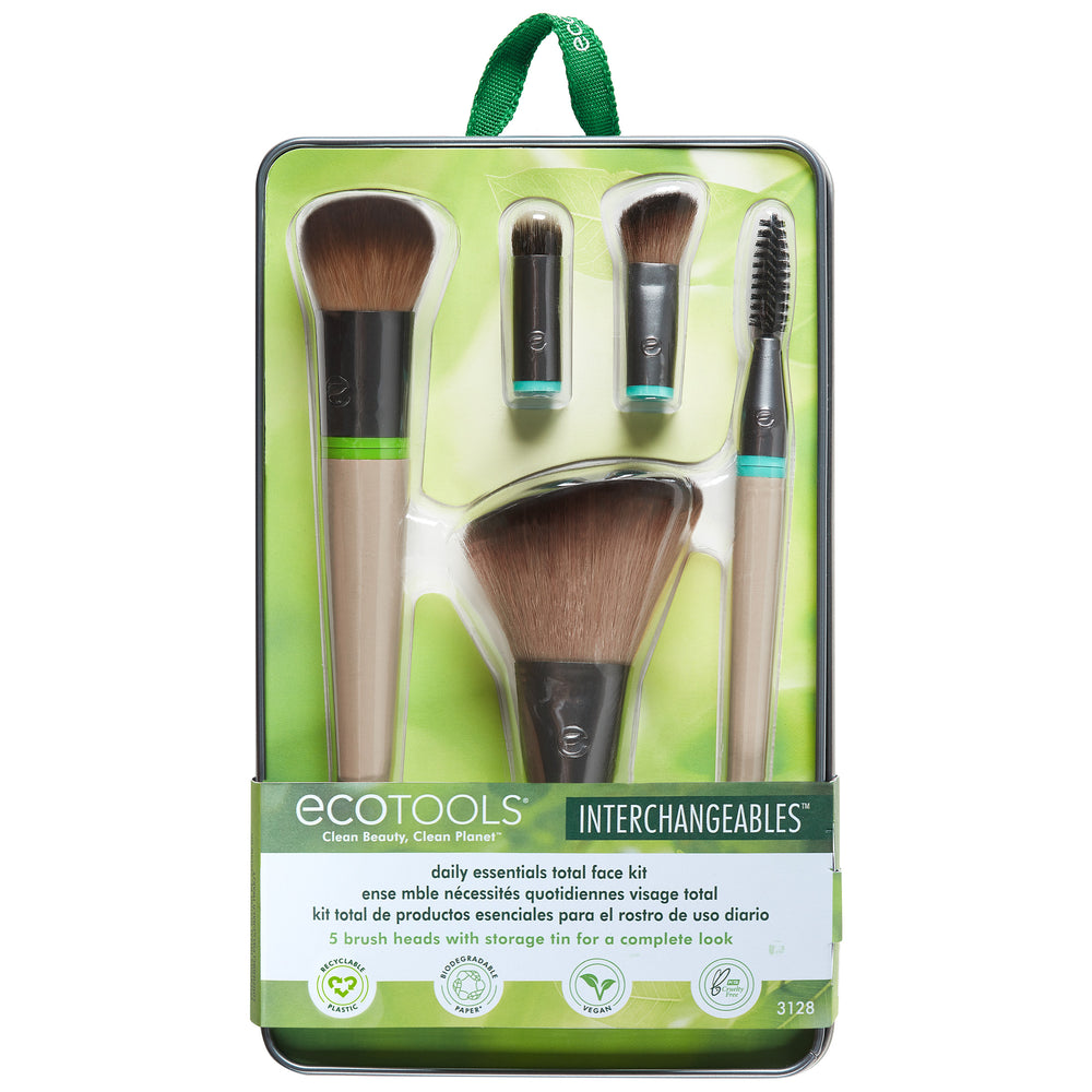 Interchangeable face makeup brush kit case with four full brushes and one compact brush