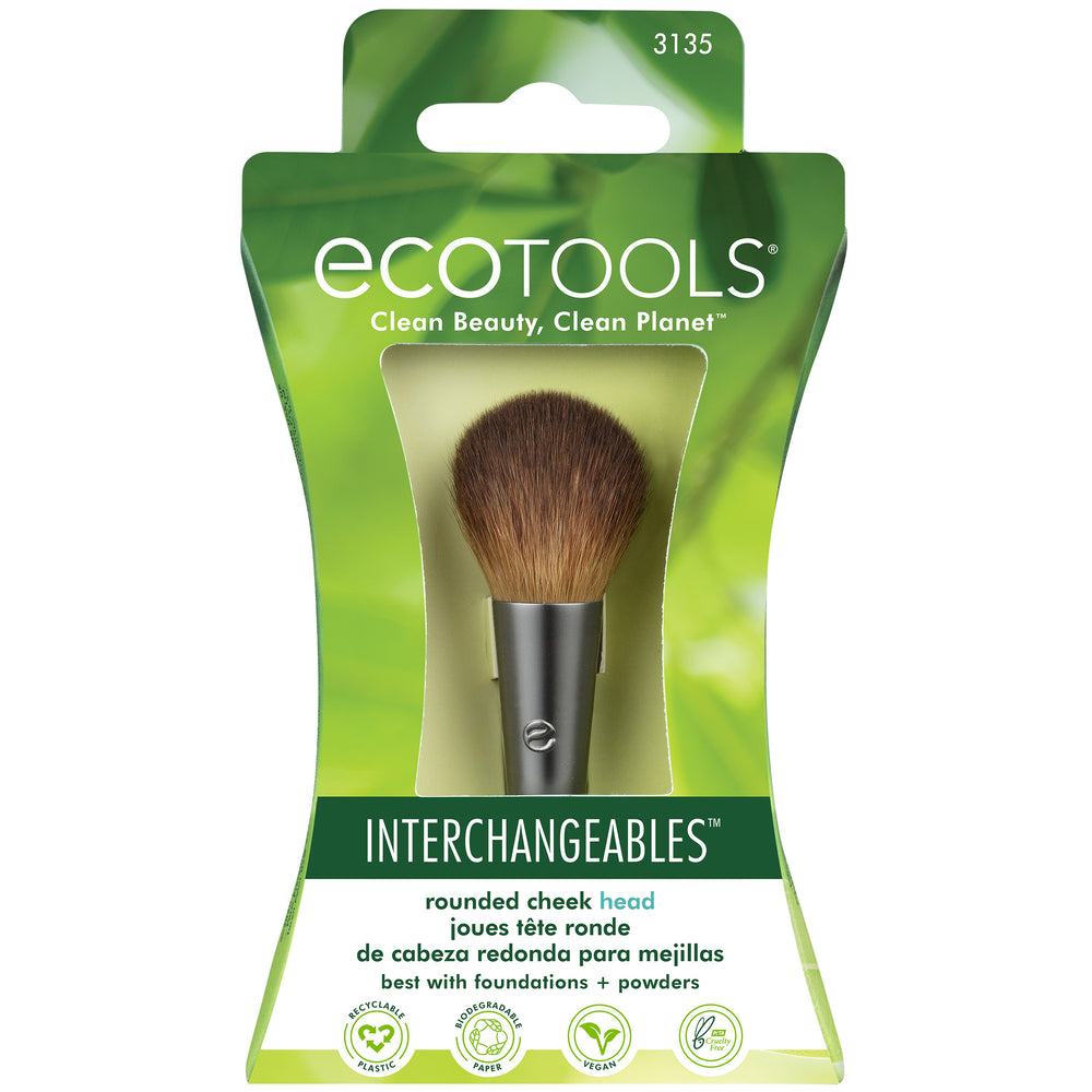 Interchangeable cheek brush head with rounded brown bristles, gray base, teal collar