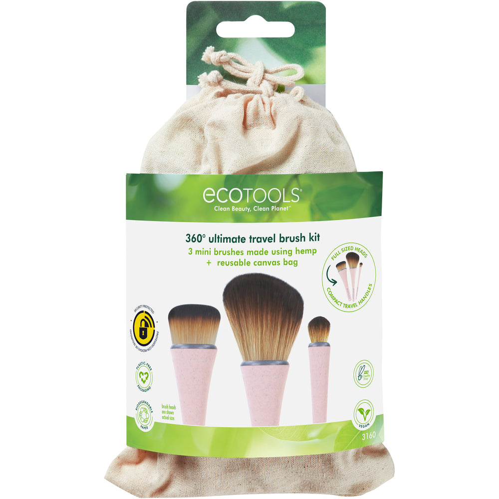 Hemp makeup brush kit with beige drawstring pouch and three compact face brushes