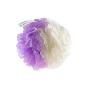2-in-1 bath pouf, purple and cream mesh scrubber sponge