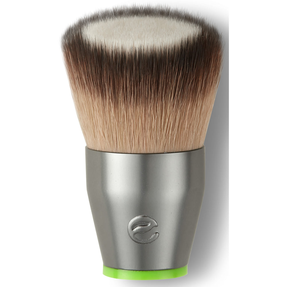 Makeup brush head with tapered tan bristles in a silver cap