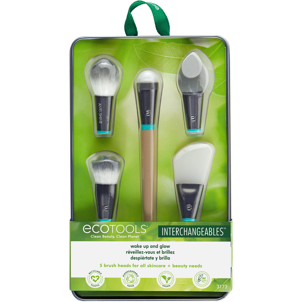 Interchangeable makeup brush kit with gray case and five brush heads with teal accents