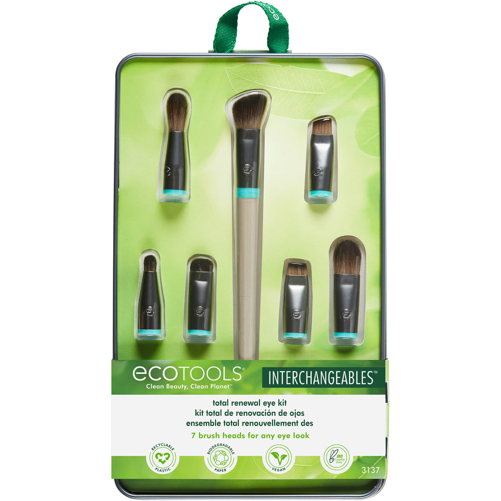 Eye makeup brush kit with protective case and multiple interchangeable brush heads