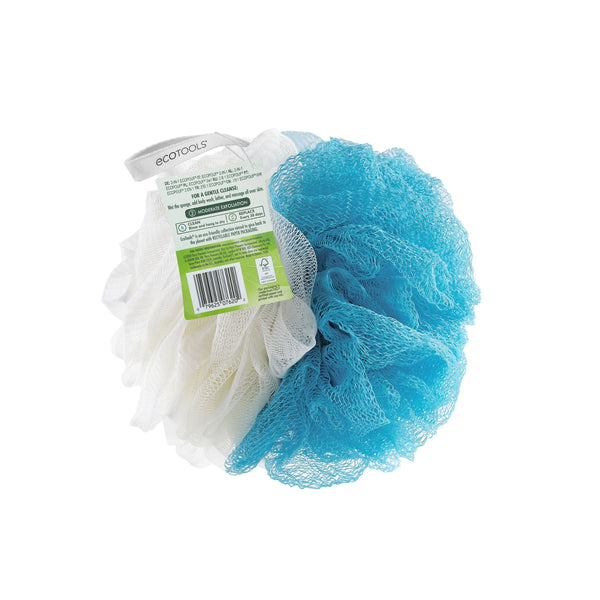 2-in-1 eco pouf scrub sponge with blue and cream mesh poufs, barcode label visible