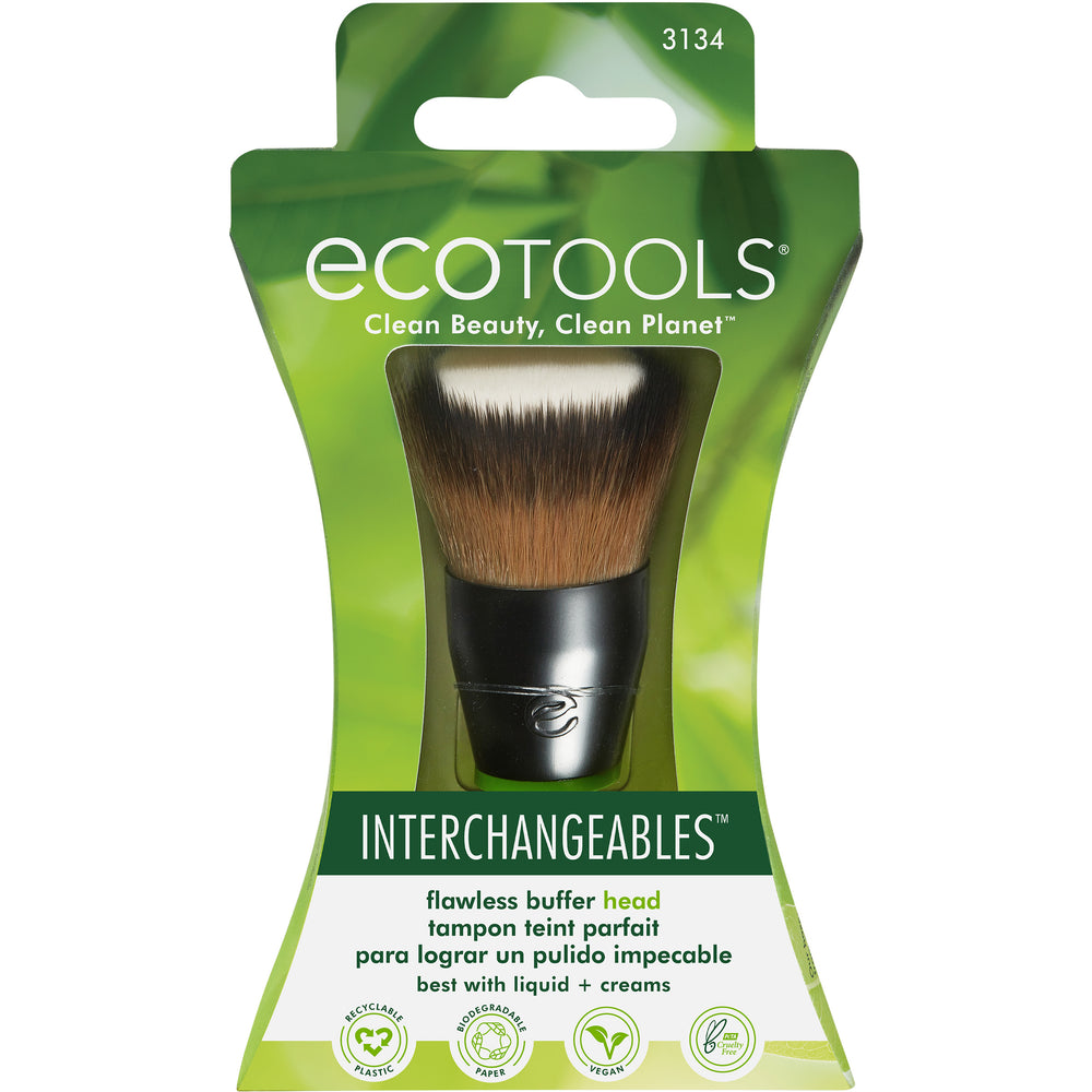 Makeup brush head with tapered tan bristles in a silver cap