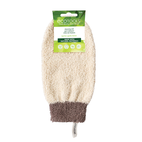 ECOTools cleansing mitt in beige with dark grey cuff and hanging tag