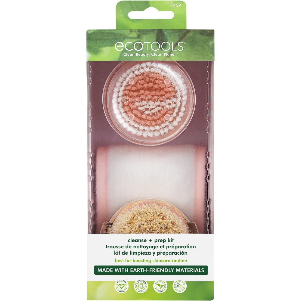 Facial cleanse & prep kit with towel pouch and two round cleansing brushes