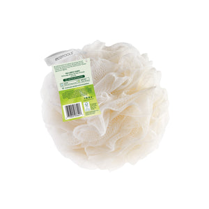 Cream recycled EcoPouf mesh bath pouf showing rear EcoTools label and bar code