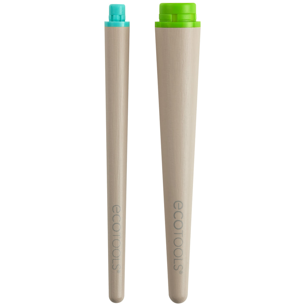Makeup brush handle set with teal and green interchangeable ends on beige handles